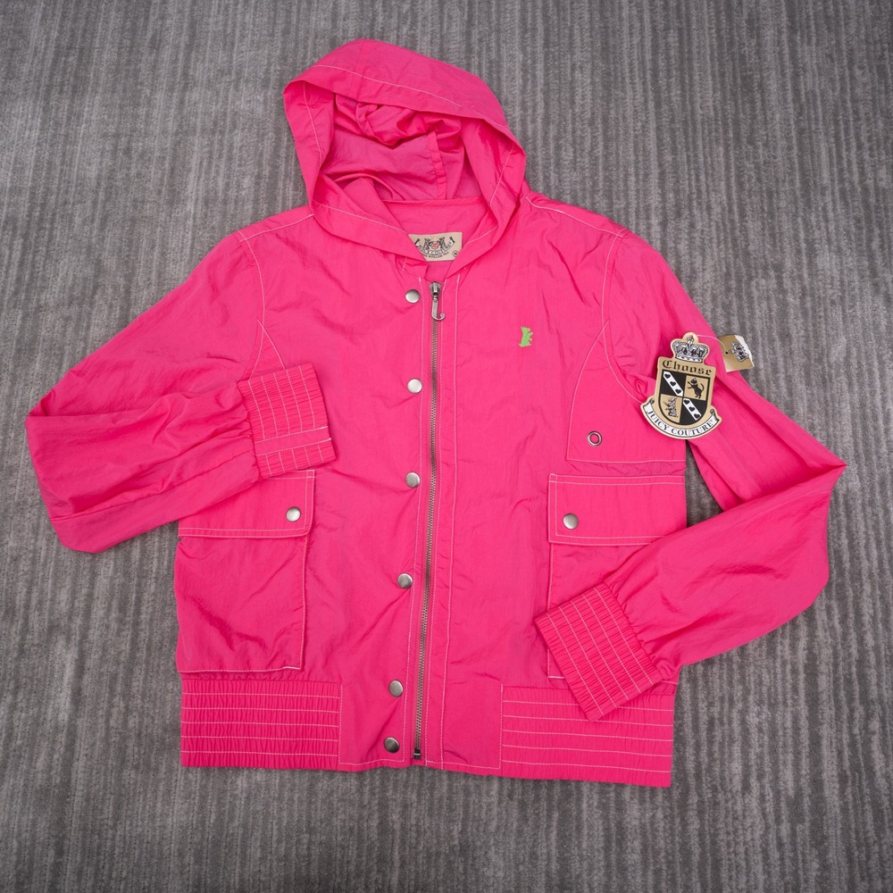 Juicy Couture Windbreaker Jacket Womens M Pink New Hooded Full Zip Y2K Nylon